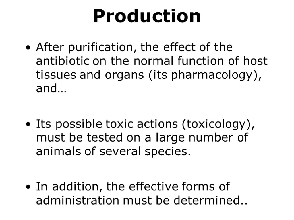 Production After purification, the effect of the antibiotic on the normal function of host